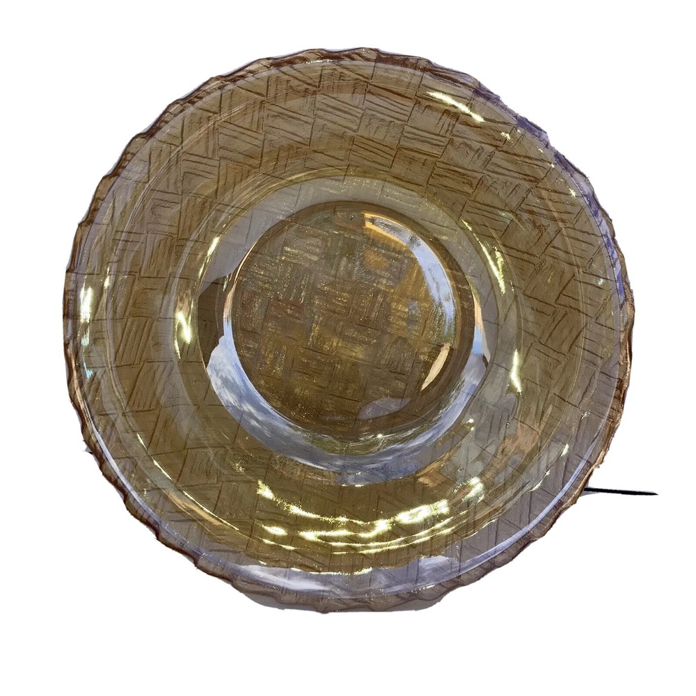 Vintage Amber Cross Cross Basket Weave Carnival Glass Serving Bowl. 9"‎ D 3" H.